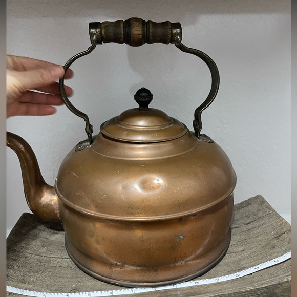 Vintage copper teapot kettle tin lined inside & wood handle - Picture 8 of 11